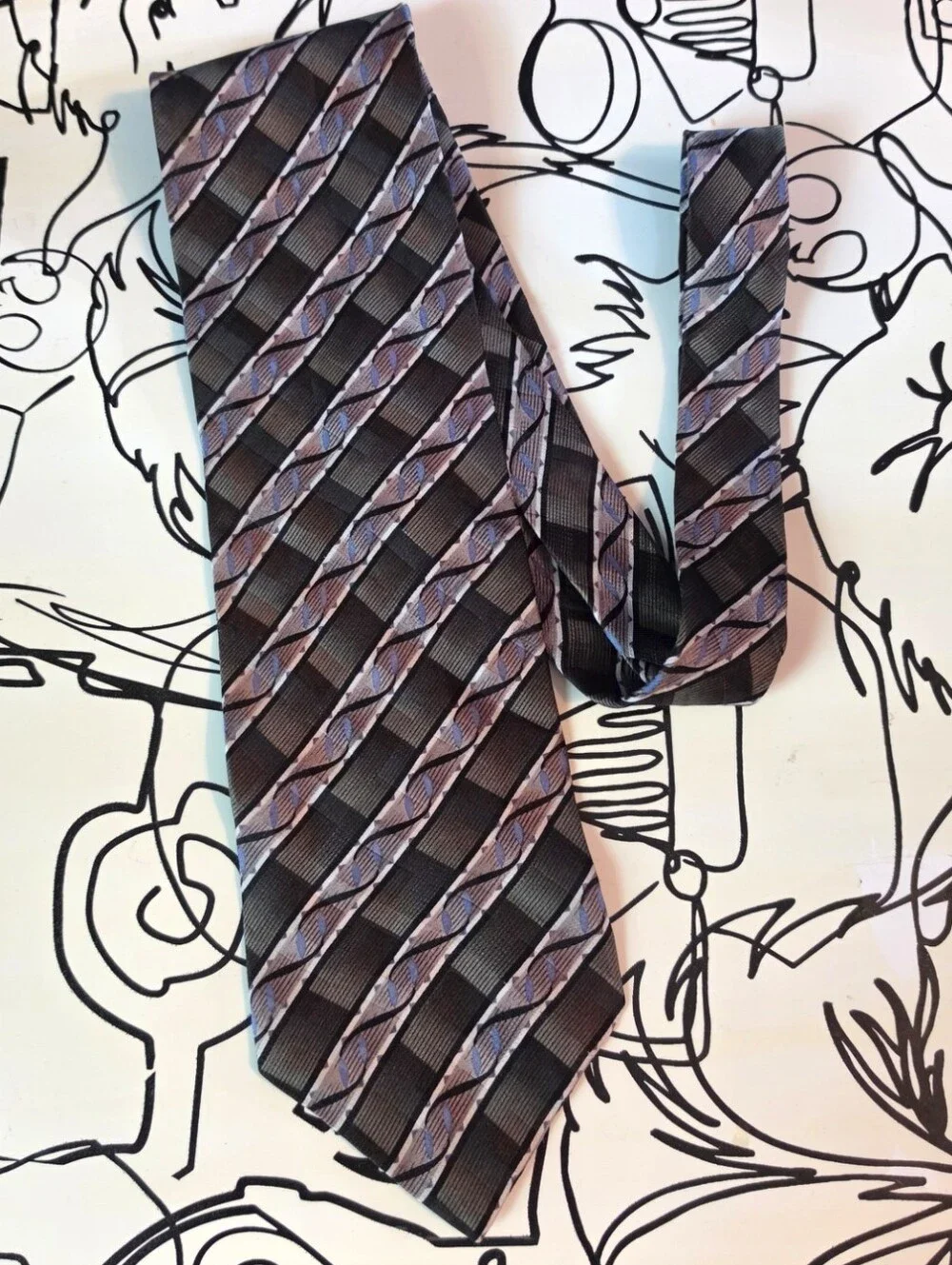 Conte di Milano Silk Tie Mens Brown Gray Blue Geometric Diagonal Stripe Necktie